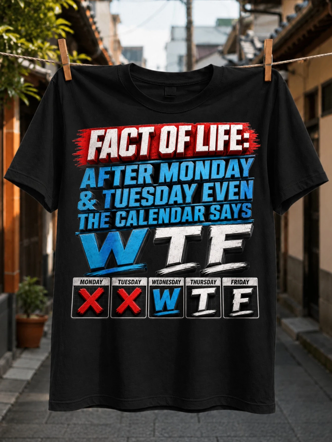 Fact of Life After Monday and Tuesday Even the Calendar Says WTF 3D Red Blue Text and Weekday Grid  Unisex All T-Shirt