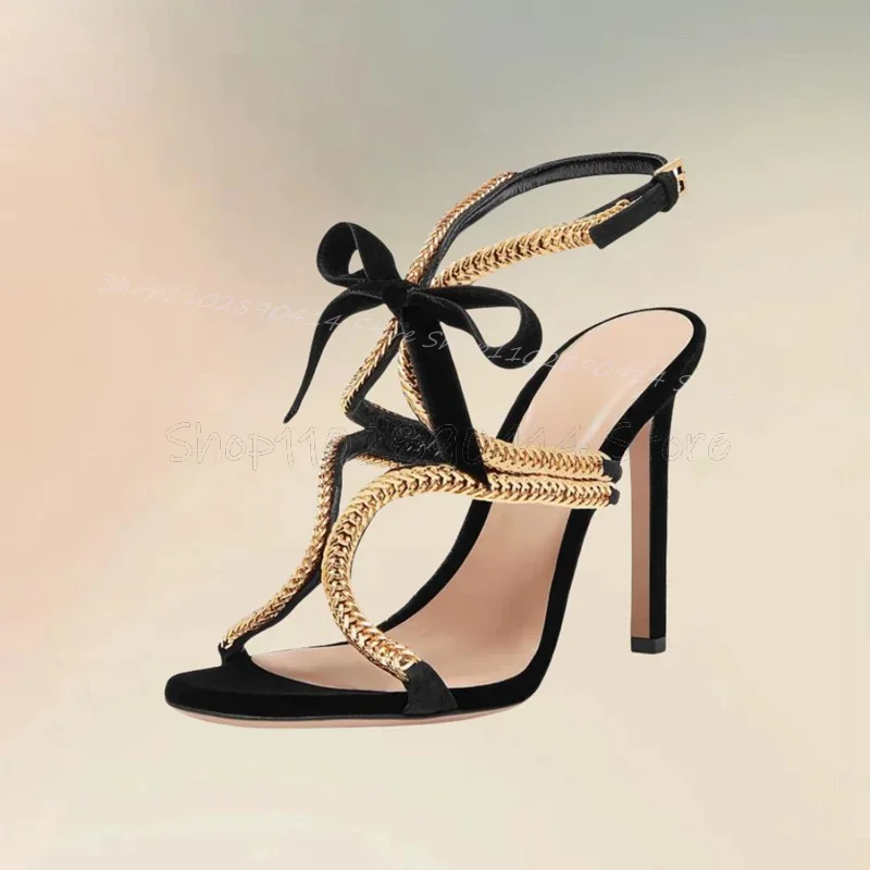 

Gold Chain Black Bow Knot Decor Open Toe Sandals Ankle Buckle Strap Women Shoes Thin High Heels Runway 2025 Zapatos Para Mujere