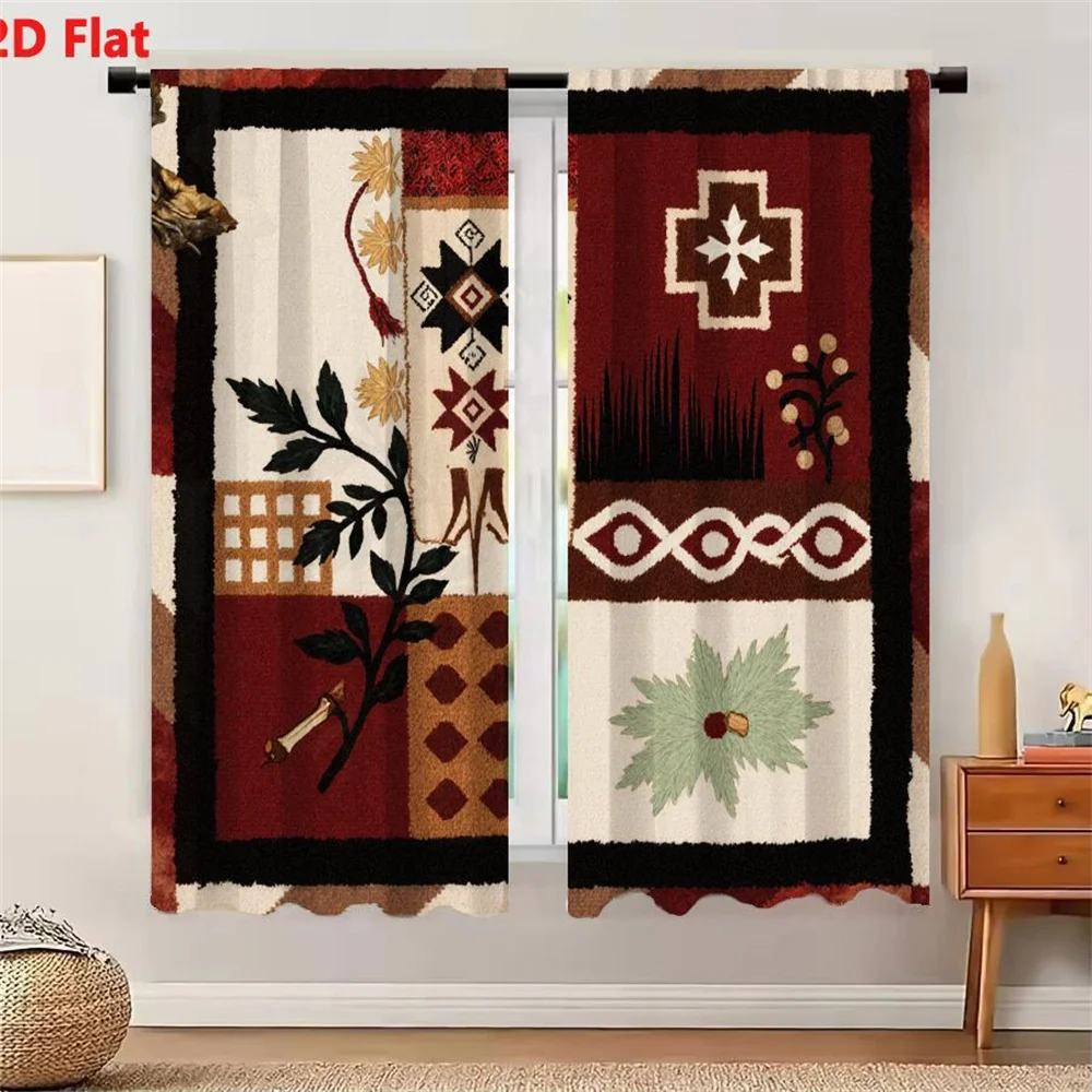 2Pcs Curtains 2D Flat Intricate Patchwork Textile Rug with Geometric & Botanical Designs in Red Brown Off-White Black Green Beig