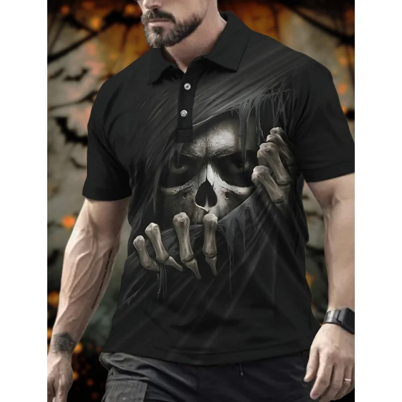 2024 Men's Polo Lapels Golf Short Sleeve Shirt 3D Skull Graphic Printed Pullover Tops Men New Loose Oversize Streetwear Clothing