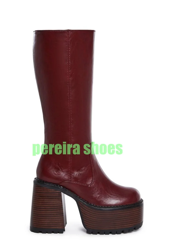 Lady Pu Red Platform Knee Chunky Heel Knee Boots Vintage Red Punk Footwear Size 34-46 Platform Retro New Arrive Y2K Style Boots