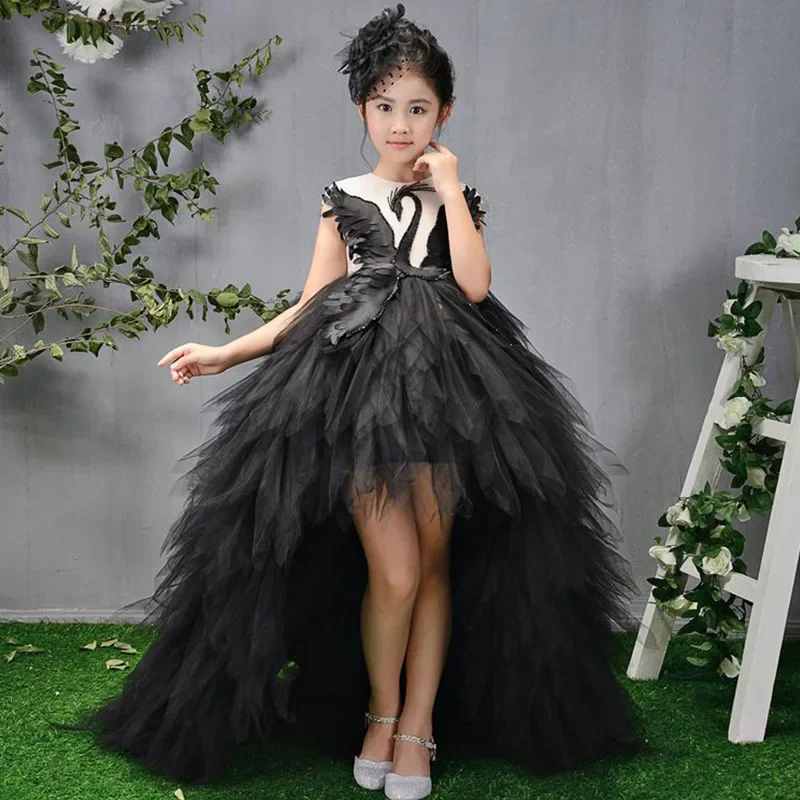 

Swan Crystal Tulle Trailing Flower Girl Dresses Ball Gown Kids Pageant Dress Birthday Party High-end Feather Princess Dresses