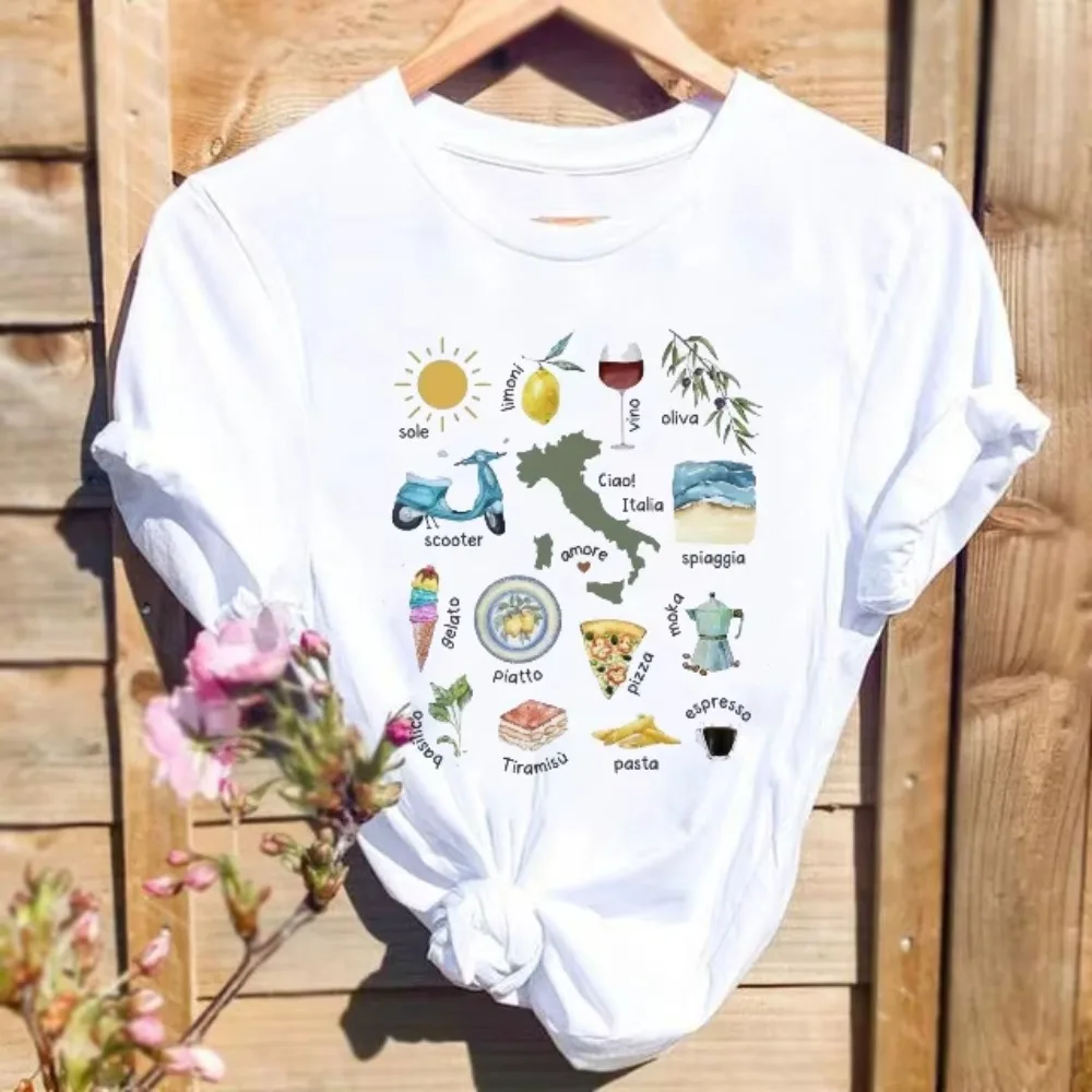 

2025 New T-Shirt Fashion Pattern Women's O-Neck T-Shirt 90s Watercolor Short Sleeve Printed Simple Casual Polyester T-Shirt