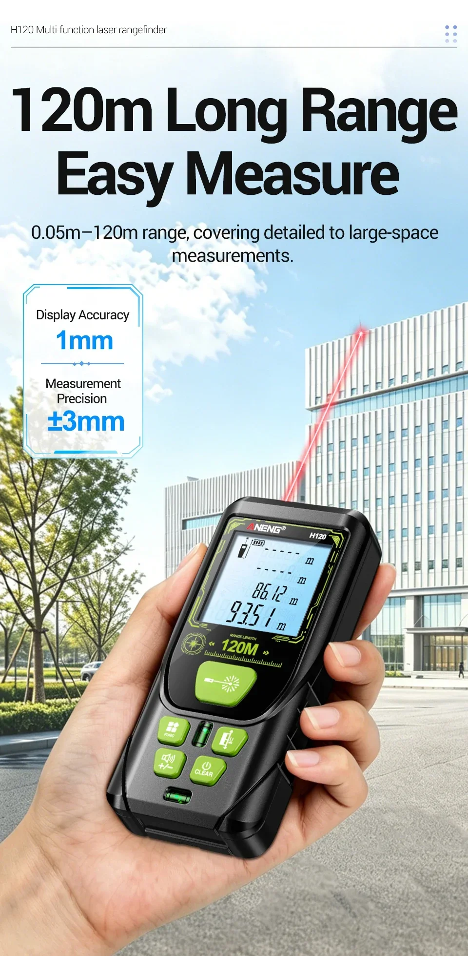 ANENG H120 Digitaler Laser-Entfernungsmesser Hohe Präzision ±3mm Tragbarer Mini-Laser-Messgerät 0,05m~120m Fläche/Volumen Multifunktions-Tester – Detail 6