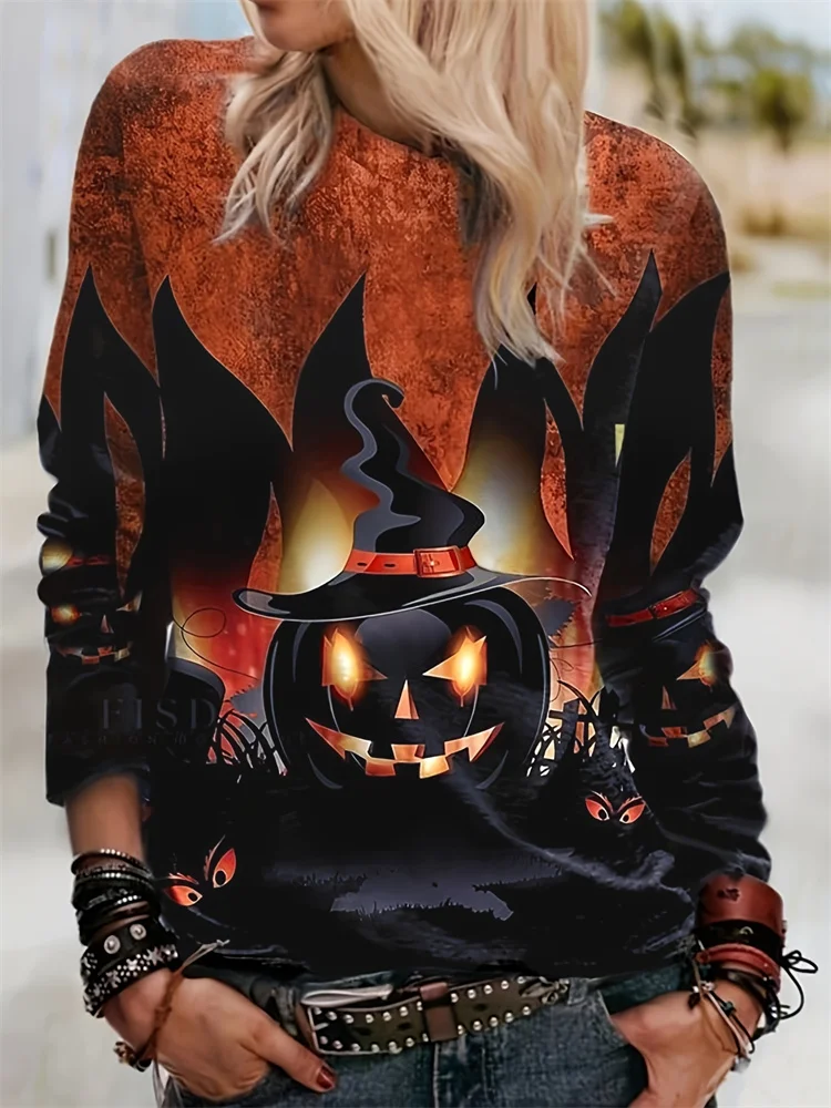 

Halloween Ladies Long Sleeve T-shirt Black Pumpkin Head Print Street Fashion Ladies Loose Long Sleeve Top Everyday Casual Top