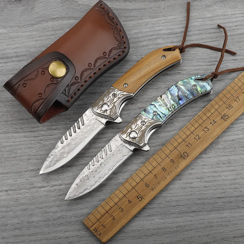 

VG10 Core Damascus Steel Sandalwood/Bowie Handle Folding Knife Outdoor Survival Camping Survival Portable Tool Knife