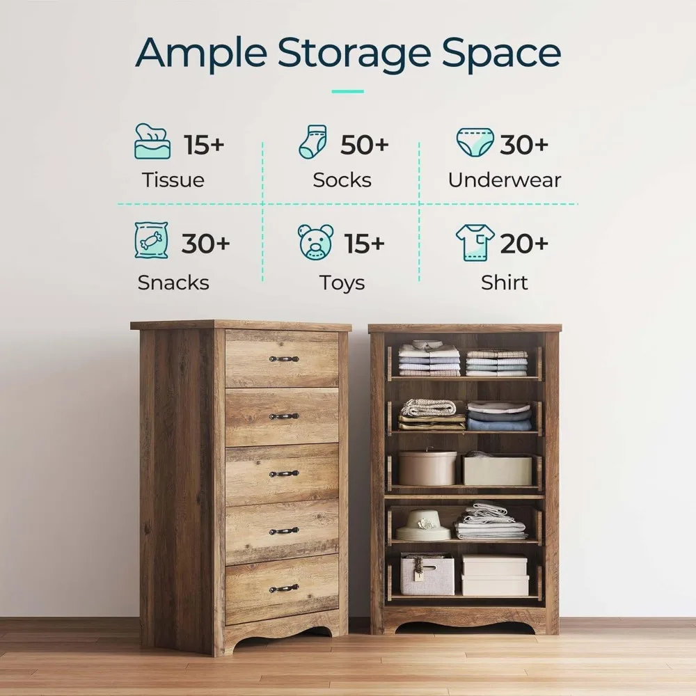 خزانة خشبية حديثة ذات 5 أدراج لغرفة النوم، خزانة طويلة معاصرة مع أدراج للتخزين