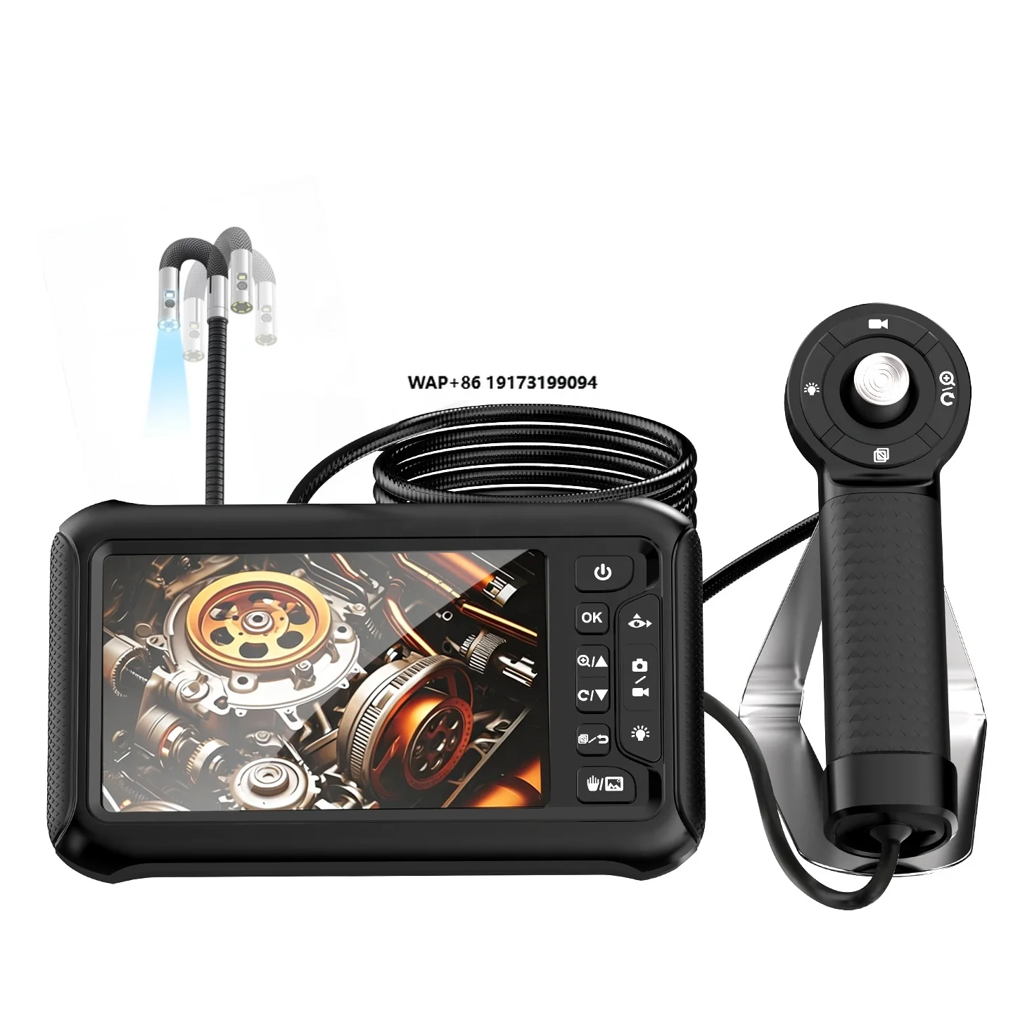 6.5mm 7 Inch IPS 4 Way 360 Articulation Dual Lens Borescope Inspection IP67 Endoscope for Automotive, Aircraft Mechanic