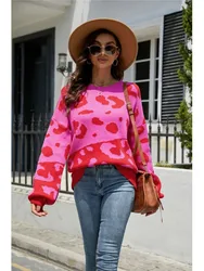 Trendy Leopard Print Knitted Sweater Women Autumn Winter O Neck Puff Sleeves Knitting Pullover Sweaters Female Autumn Winter New