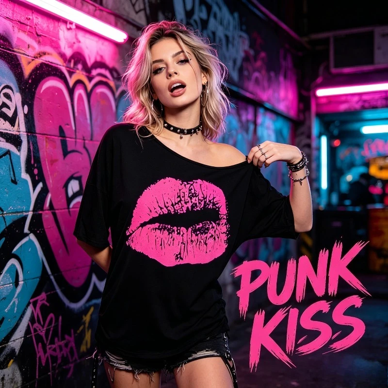 Retro Disco 80s Lip Print T-shirt with Loose Off The Shoulder Design Suitable for Ballroom Wear During 80s Celebrations