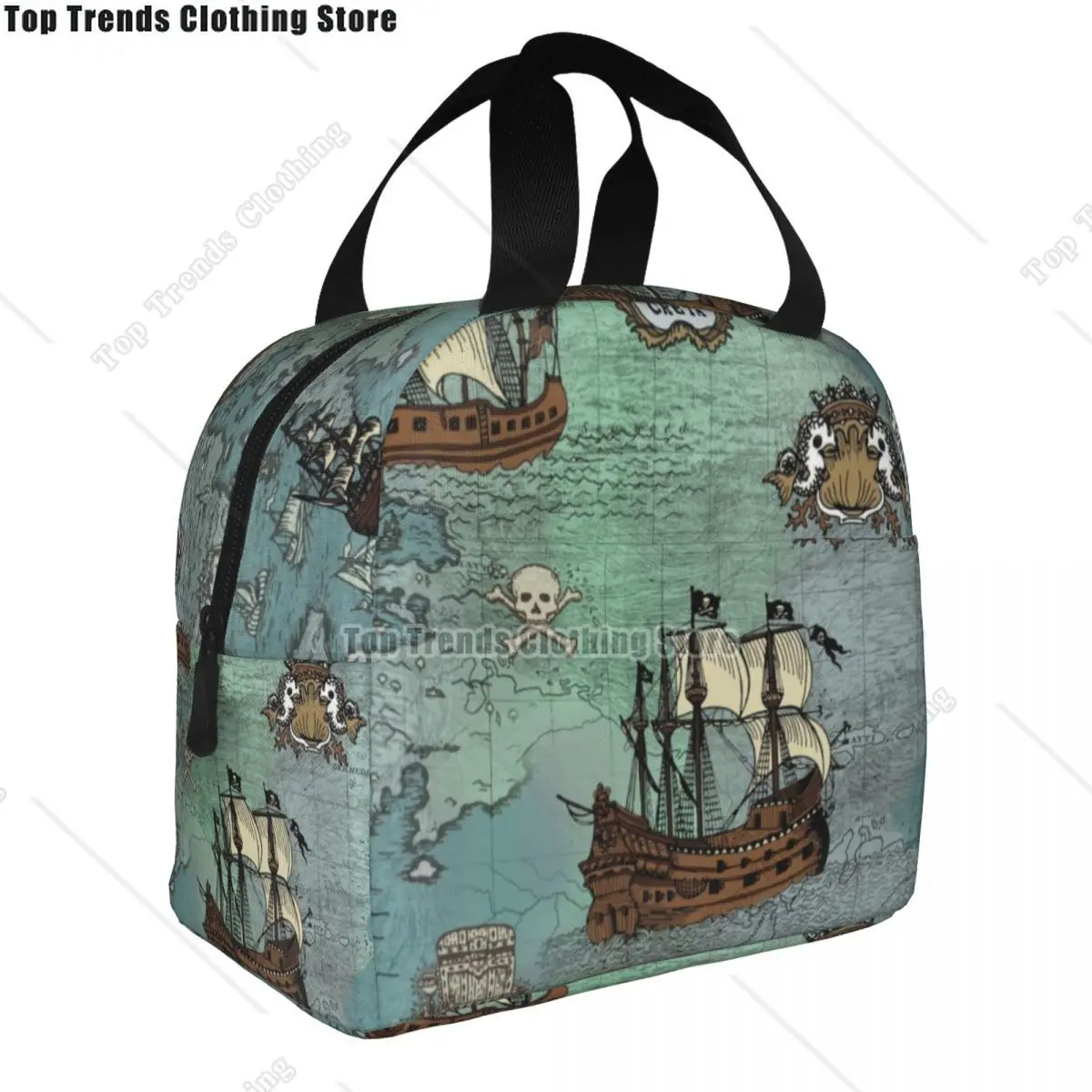 Pirate Map Nautical Sea Print Insulated Lunch Bag for Women Leakproof Skull Sailor Cooler Thermal Lunch Tote Beach Travel