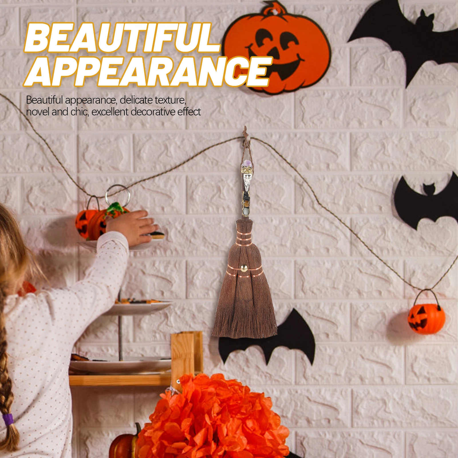 

Creative Halloween Crystal Pendant Witch Broom Altar Ornament Home Car Decor DIY Craft Charm Vintage Hanging Decoration