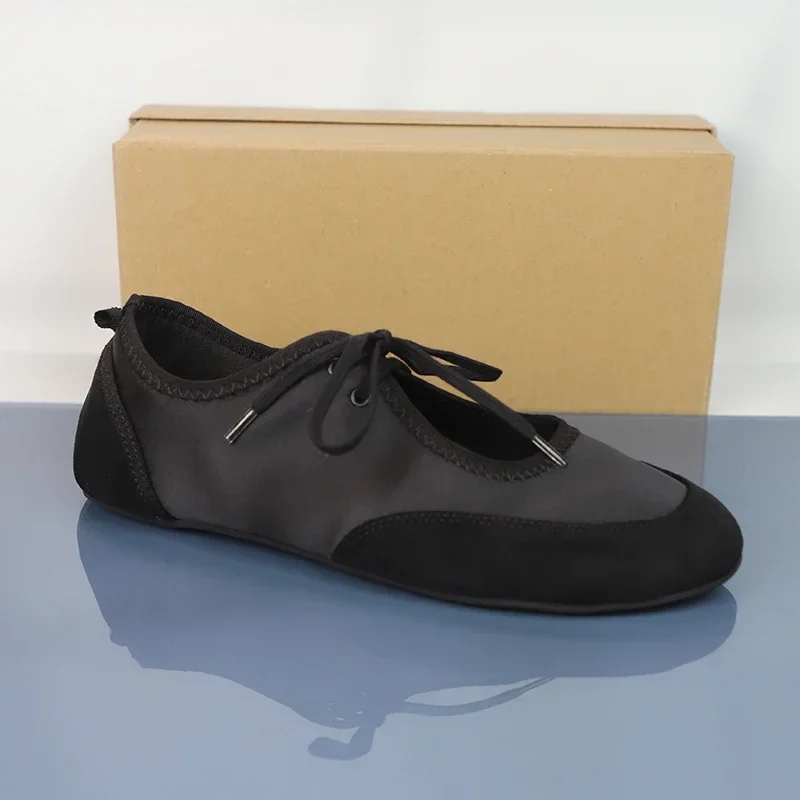 Black Lace-Up Women\'s Ballet Flats Comfortable Soft Satin Fabric Round Toe Ladies Autumn Shoes Brand Leisure Female Footwear