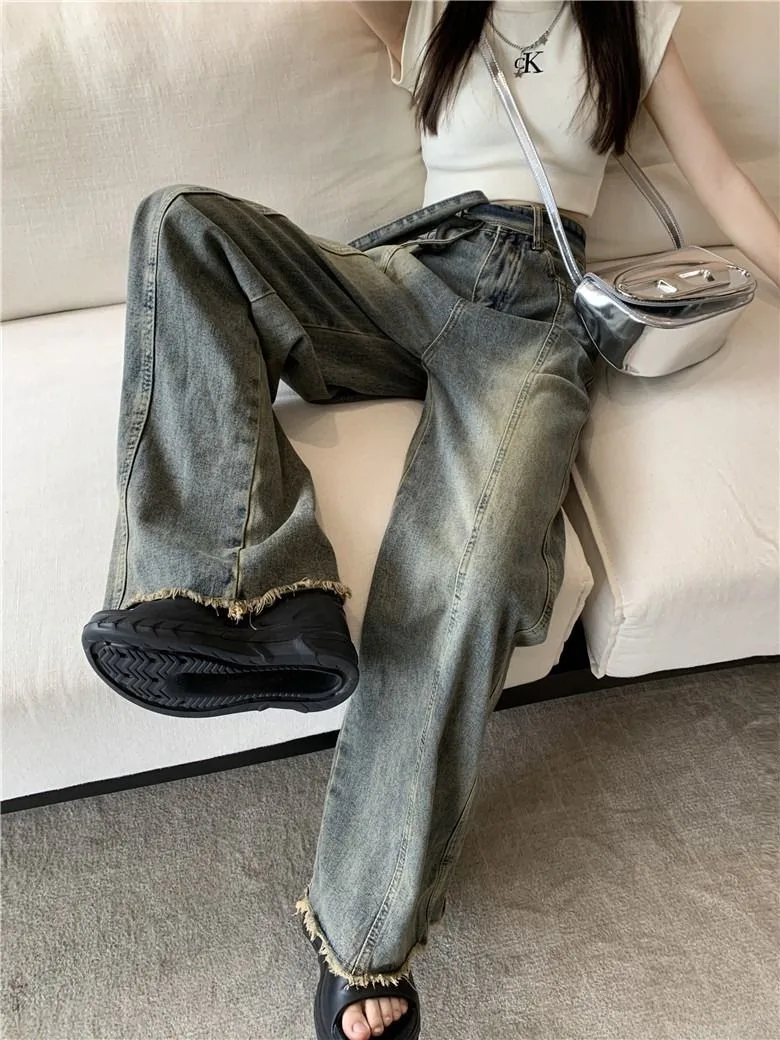 GG American Retro Women's Jeans High Waist Loose Slimming Design Spring Autumn New Style Wide Leg Pants Comfortable Loose Fit