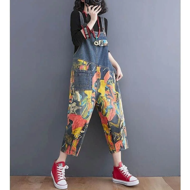 จั๊มสูทเดนิมสําหรับผู้หญิงสไตล์เกาหลีวินเทจ Playsuits กางเกงหลวมๆลําลองหลวมเอวสูงขนาดใหญ่หลวมสําหรับเสื้อผ้าผู้หญิง