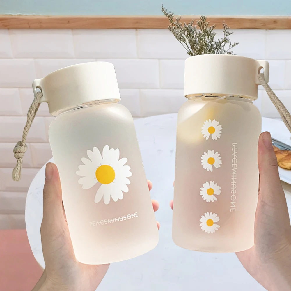 

500ml Small Transparent Plastic Water Bottles for Girls Creative Frosted Drink Kawaii Water Bottle with Portable Travel Tea Cup