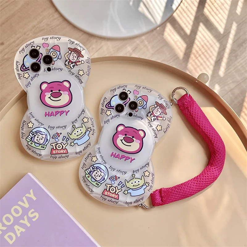 Cartoon Cute Strawberry Bear Wristband Phone Case for Iphone 11 12 13 14 15Pro Max Shockproof Protective Case Girls Holiday Gift