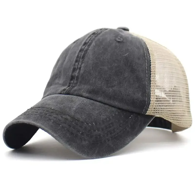 6 Panel Washed Dyed Cotton Dad Hat Vintage Mesh Trucker Cap for Men Dark Grey Navy Khaki Orange