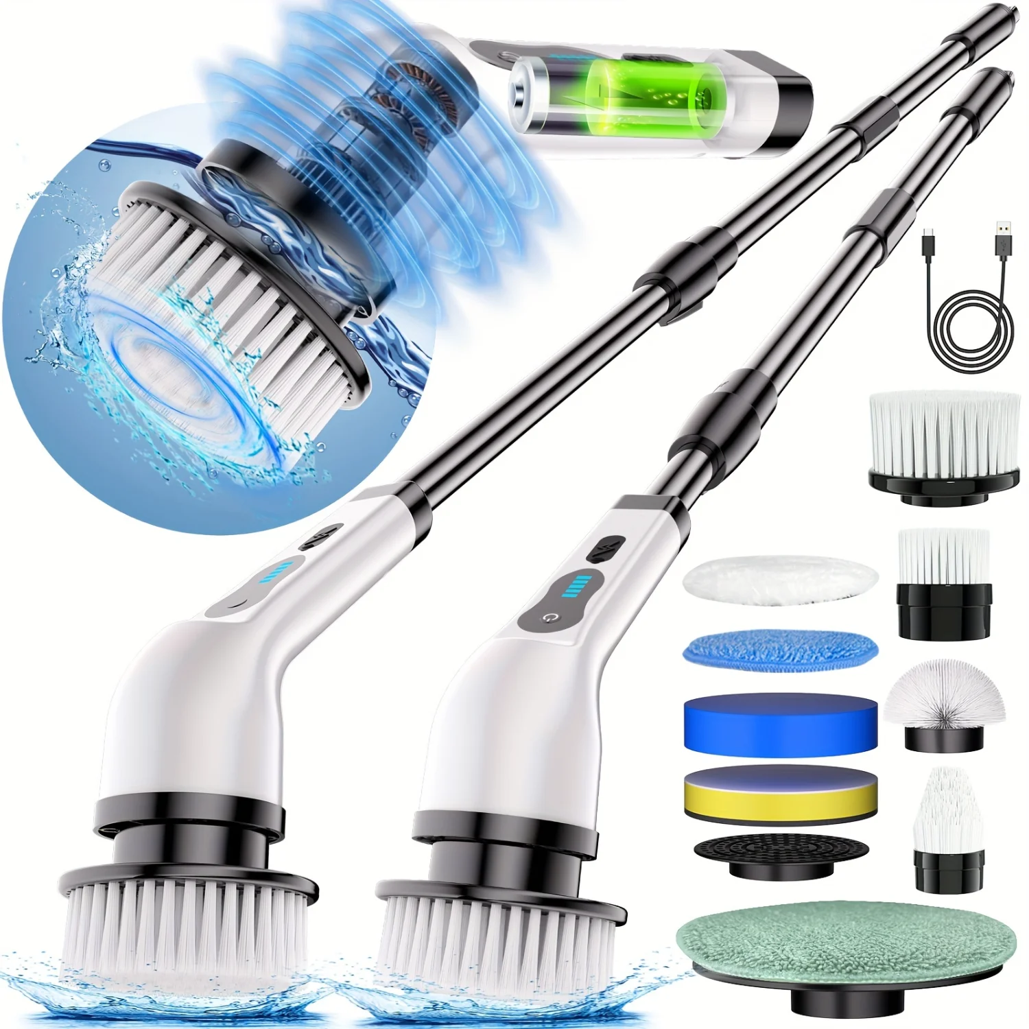 Rotary Scrubber Upgrade Adjustable Wireless Cleaning Brush With 9 Replaceable Brush Heads 2 Speed Shower Cleaner With Long Handl