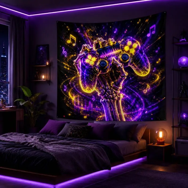 VIKAMA Skeleton Guitar Blacklight Tapestry, Neon Galaxy Wall Hanging, Psychedelic Blanket for Bedroom Party Decor