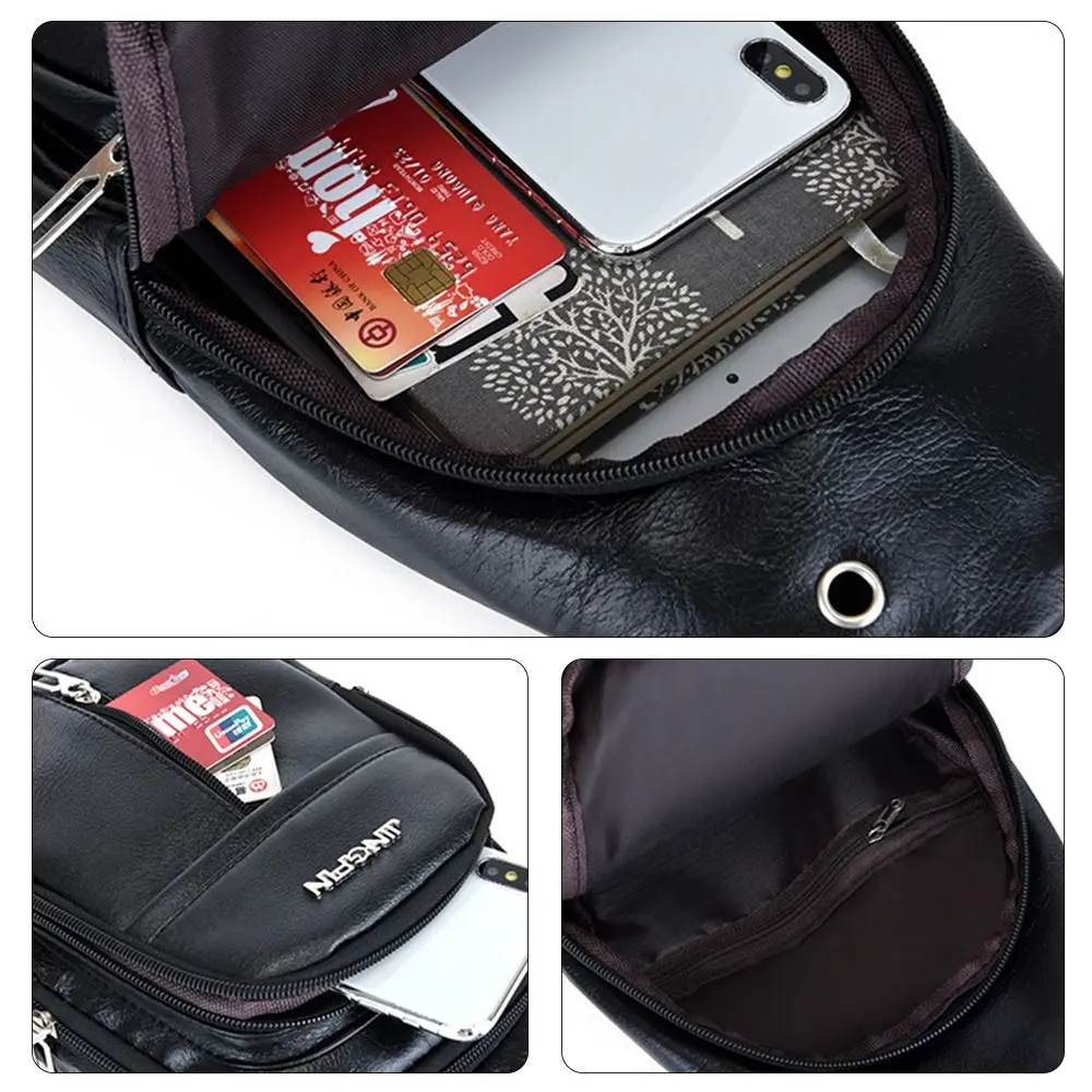 Solid Color Men's Sling Bag Fashion PU Leather Large Capacity Crossbody Bag with Earphones Hole Anti-theft Chest Bag