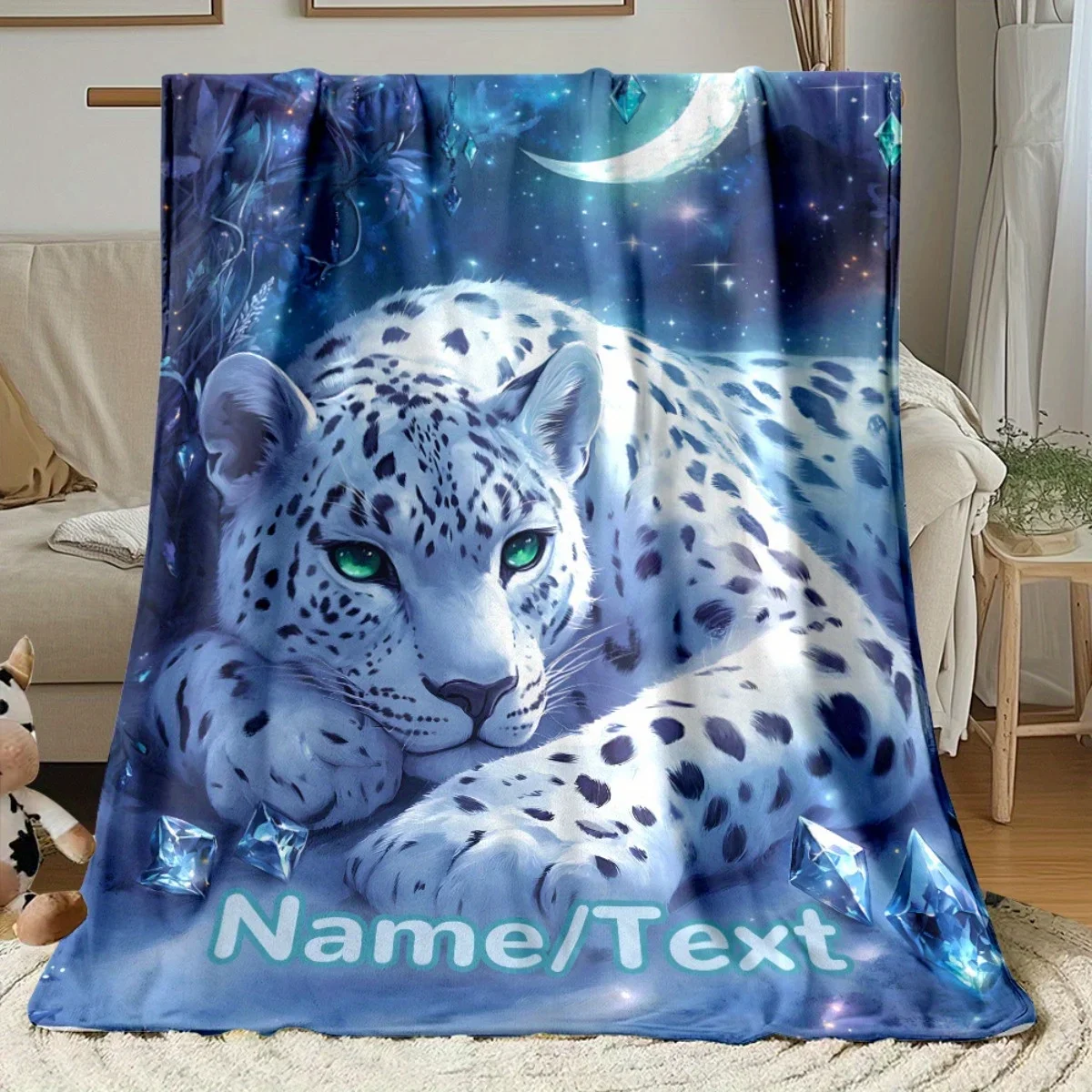 Personalized Custom Name Snow Leopard at Night Printed Flannel Blanket Soft Warm All-Season Throw for Sofa Bed Chair Office Home