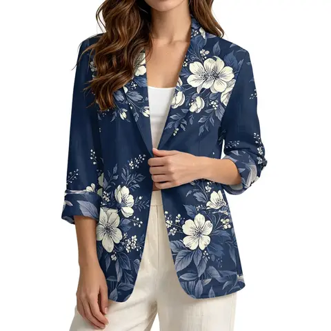 PENSTROLL Navy Floral Loose Dressy Tops for Women Linen Like Beach Cover Up Light Cardigans