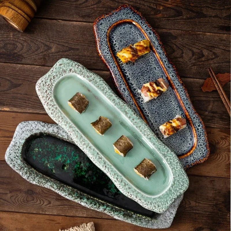 

Retro Japanese-style Irregular Ceramic Long Plate Glazed Edge Sushi Snack Serving Platter Restaurant Household Ceramic Tableware