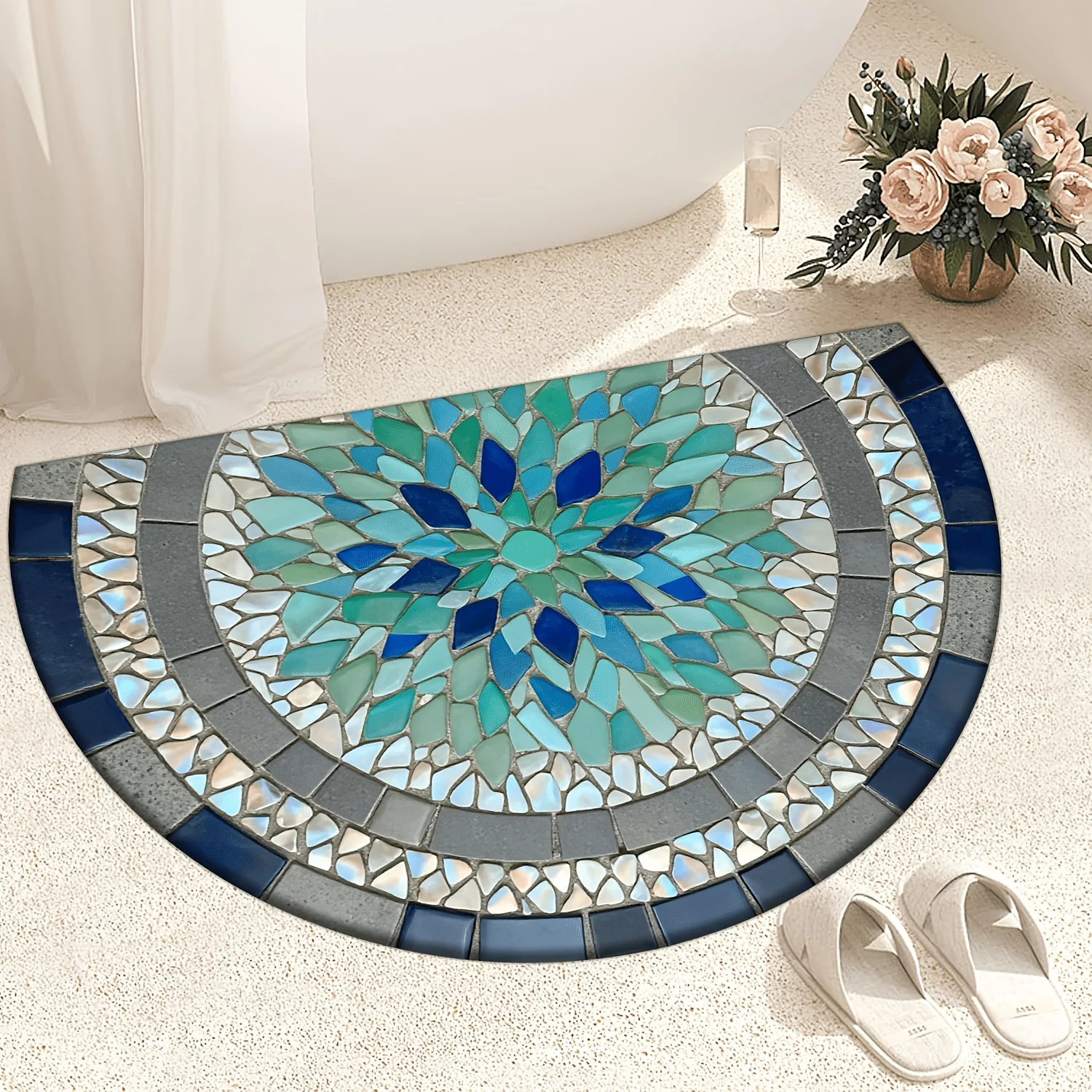 Teal Blue Broken Mosaic Floral Border Non Slip Half Round Doormat Bohemian Coastal Bathroom Semicircle Floor Carpet