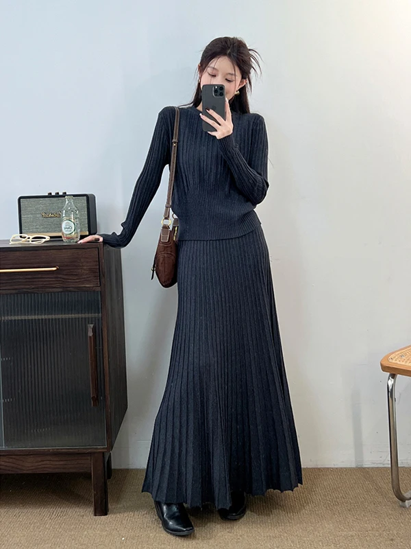 

Gugudan plus Size Knitted Dress And Skirt Set Women's Fashion Warm Midweight Long Sleeve round Neck Sweater Dress with Waist-...