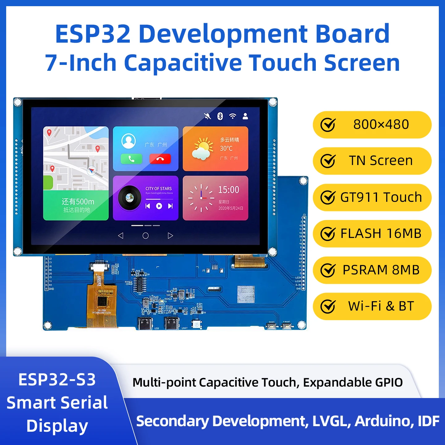 ESP32-S3 7 Inch Capacitive Touch Screen 800*480 Smart Display RGB LCD Module Support WiFi&Bluetooth For Ardu-ino LVGL