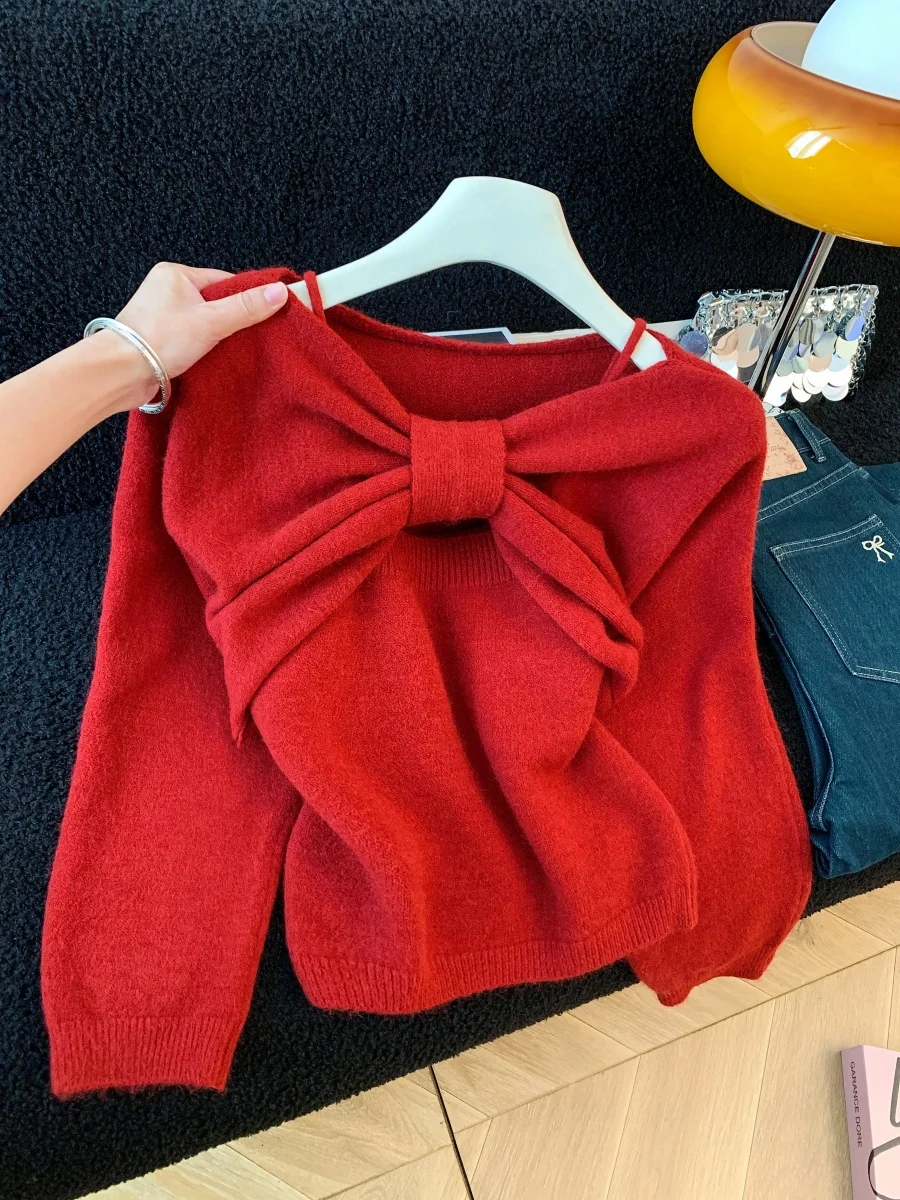 

Women Christmas Red Bow Sweater 2 Piece Set 2000s Vintage Korean Style Knit Pullover Long Sleeves Cozy Cashmere Sweater Clothes