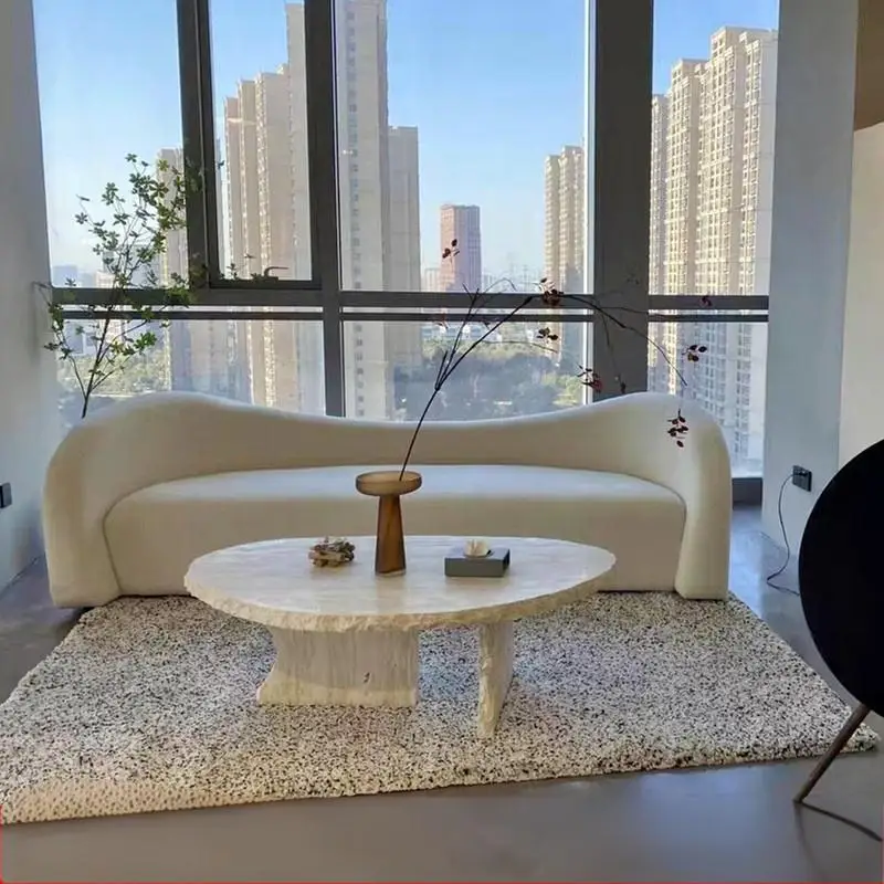 

"Nordic Luxury Coffee Table - Cracked Travertine Top with Marble Base, Custom Small Space Living Room Centerpiece"