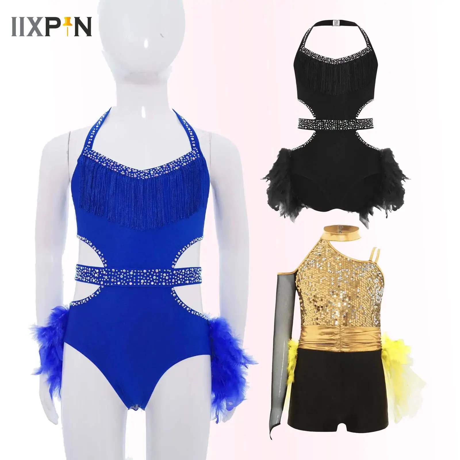

Kids Girls Ballet Dance Figure Skating Gymnastics Bodice Feather Skirted Leotard Latin Jazz Rumba Samba Performance Dancewear