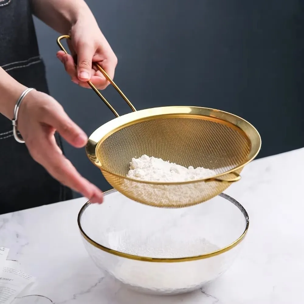 Novo Coador de Óleo em Aço Inoxidável com Malha Fina, Coador de Farinha Dourado, Filtro de Malha para Café, Ferramentas de Confeitaria