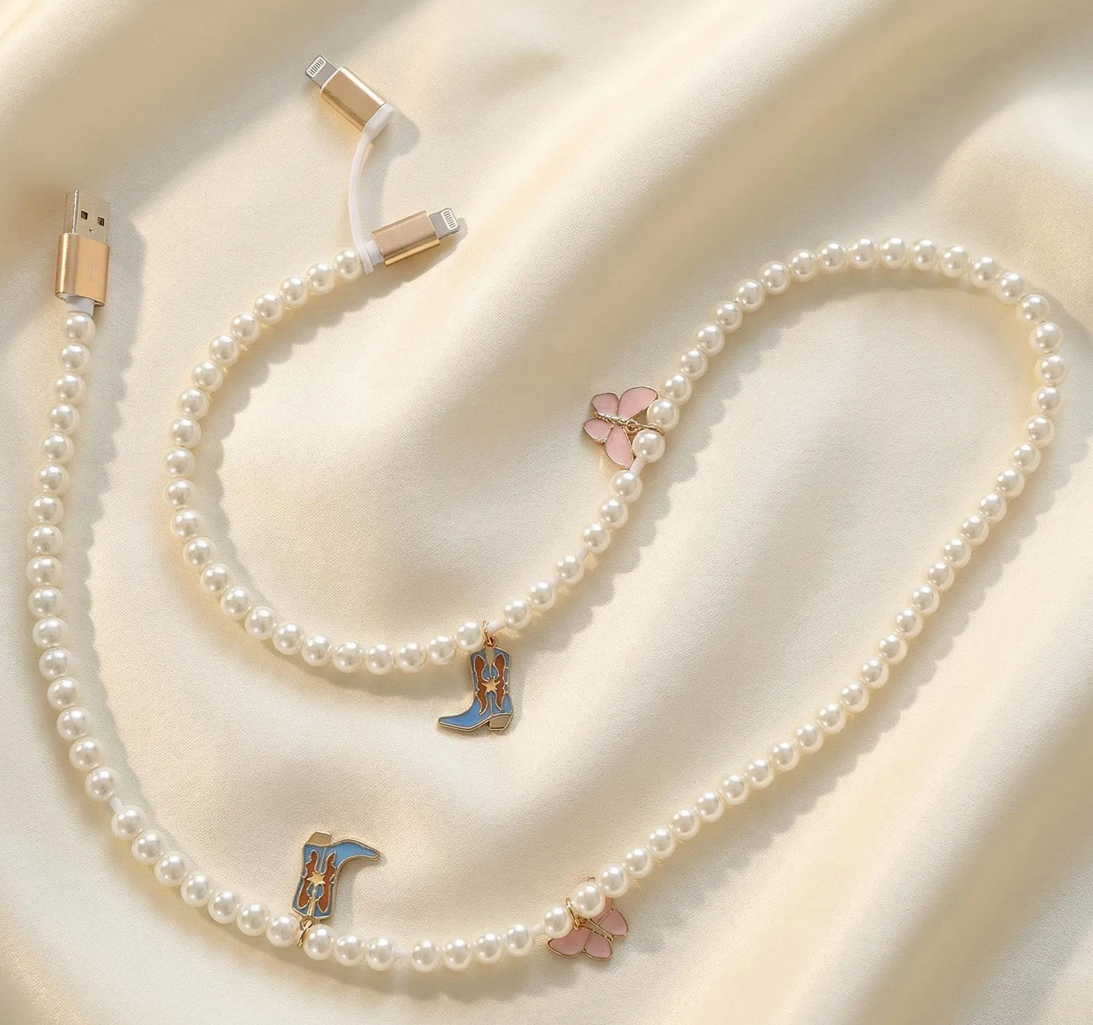 Creative Charm Fruit Series Butterfly boots Beaded data cable Two-in-one type-c White Pearl Multifunctional Charging cable 1m