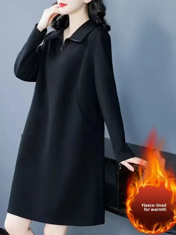 

Sli plus Size Women's Dr Faionable Turn-down Collar Slimming A-Line Midi Dr for Mature Women Autumn New Arrival