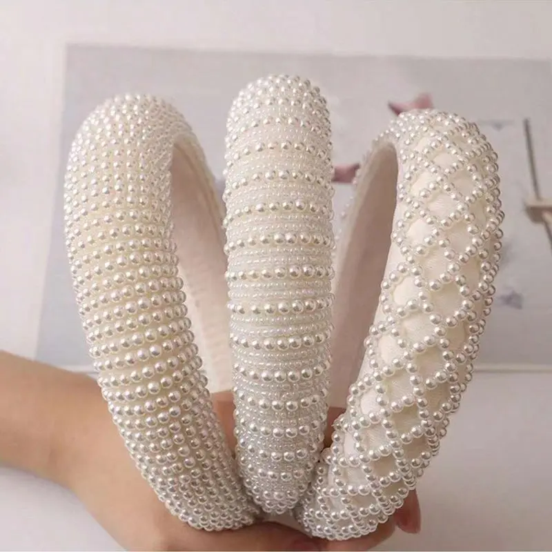 1pc women\'s simple sponge wide edge hand sewn bead pearl headband French super fairy hair headband