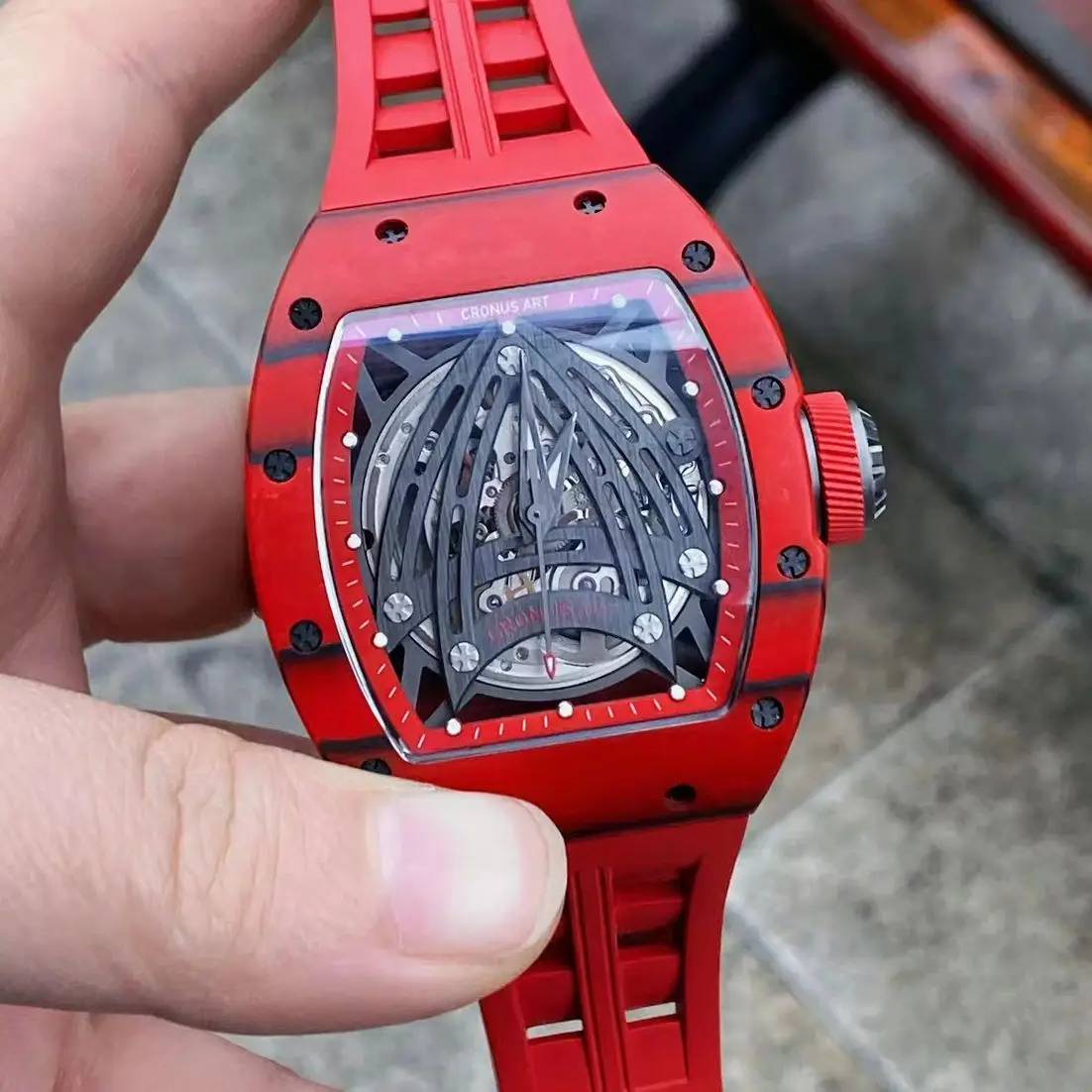 CRONUSART Men Automatic Watch 50mm Tonneau Mechanical Wristwatch Carbon Fiber Sapphire Mirror FKM Strap Luminous Apollo Dial
