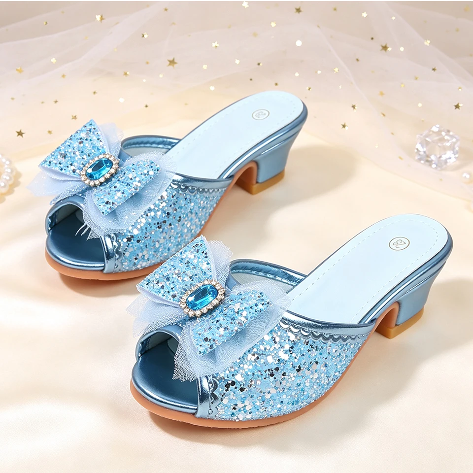 Fairy Little Girls Princess Slide Slippers Open Summer Children's Shiny Sequin Sandals Elegant Kids Toe Mid Block High Heel Shoe - view 6