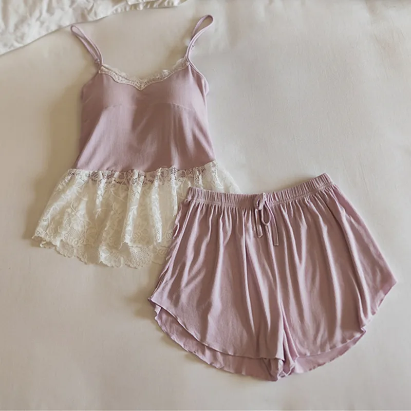

Women's Shorts Set New Lace Modal Sleepwear Pajamas Sexy Chest Pad Sling Top Two Piece Home Clothes Slim Ladies Nightwear Suit