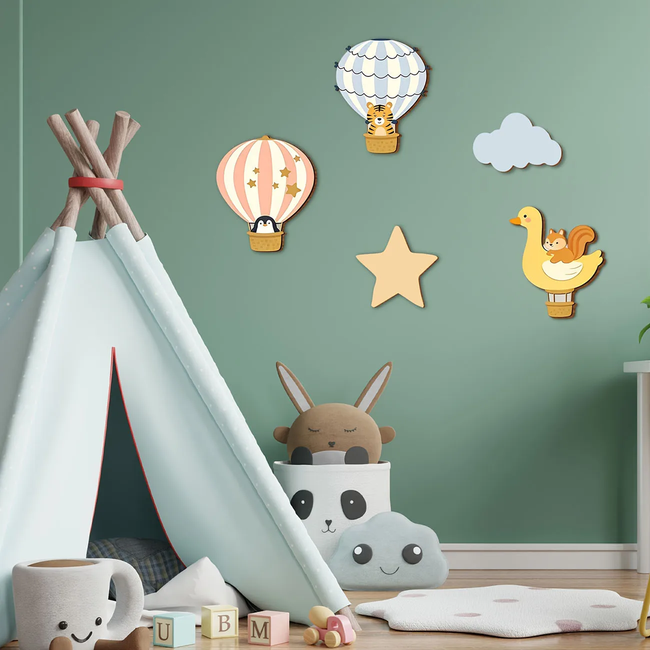 5Pcs Animal Hot Air Balloon Wooden Wall Stickers Nursery Kids Room Decor