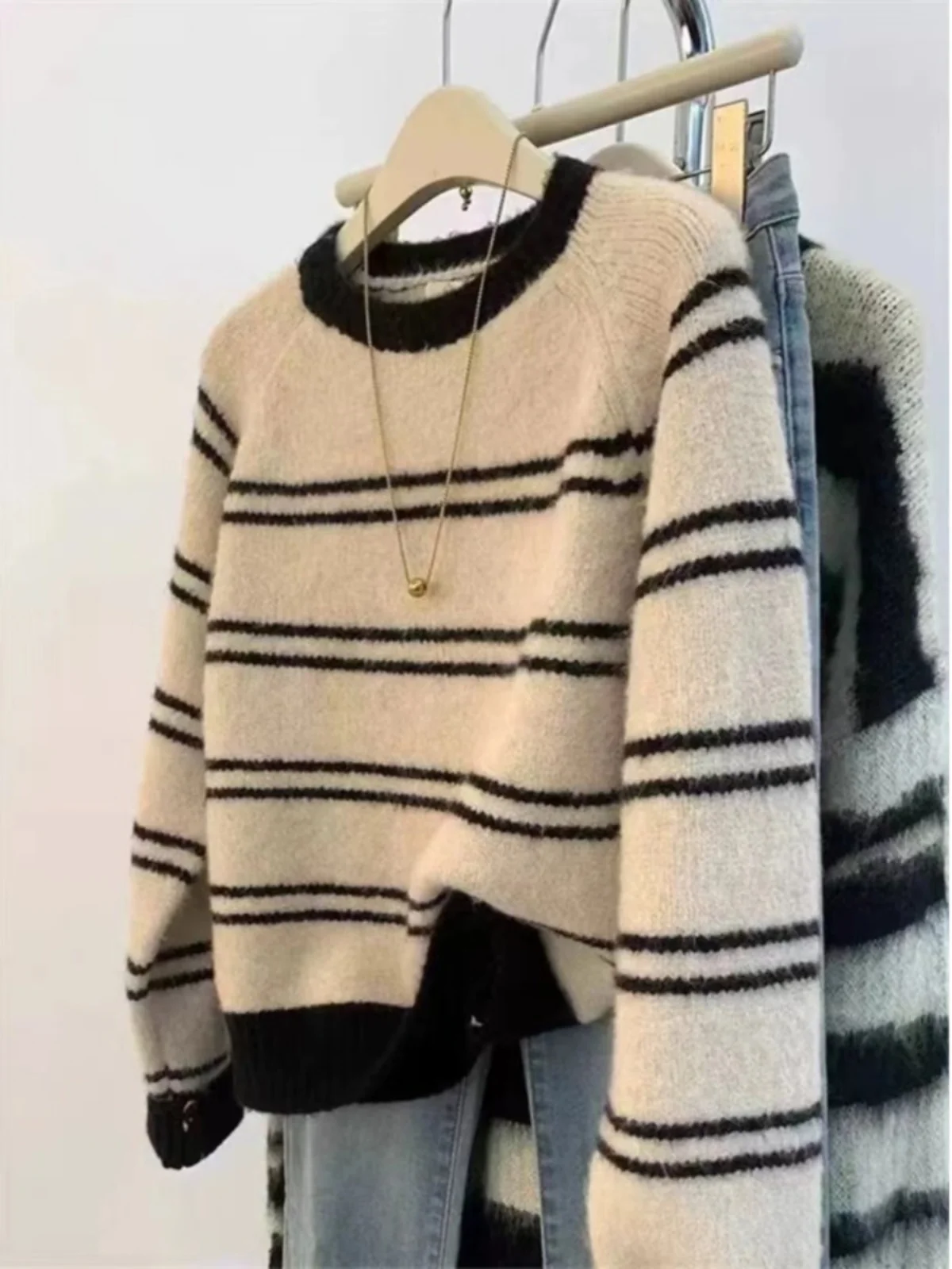 

Женский шикарный полосатый вязаный свитер, мягкая теплая внутренняя одежда, абрикосовый цвет, нежный рукав, осень-зима, круглый топ Ne Long Sve