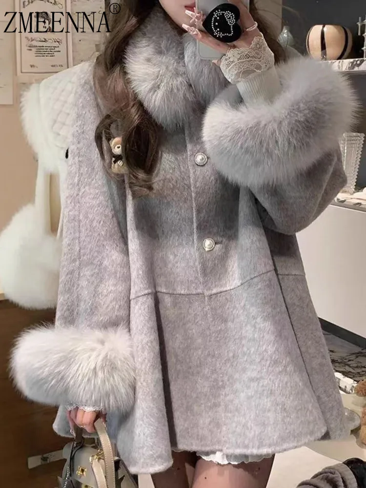 

ZMEENNA женское серое короткое полушерстяное пальто с воротником из искусственного меха и манжетами на одной жемчужной застежке на пуговицы элегантная верхняя одежда ZM4234