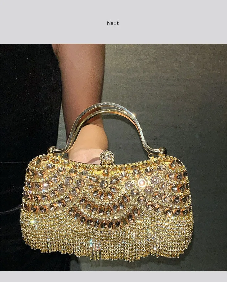 Metallische Strass-Diamant-Abendclutch mit Goldener Quaste, Luxuriöse Braut-Hochzeits-Party-Handtasche für Damen, Formelle Bankett- und Abschlussball-Tasche – Detail 10