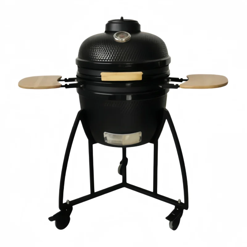 Ceramic charcoal grill with durable stainless steel structure and compact design, suitable for outdoor camping and barbecue