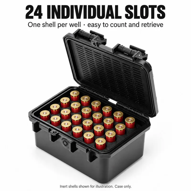 12 Gauge Ammo Storage Box 24 Round ABS Hard Case with Replaceable Desiccant Compartment Sealed Dual Latch Design