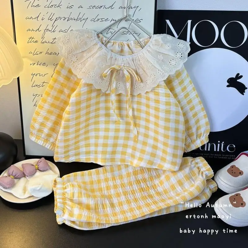 Girl's Cloud Inspired Lace Set, Summer Girl's Checkered Home Clothes, Sleepwear, Baby Girl's Cartoon Air Conditioning Underwear
