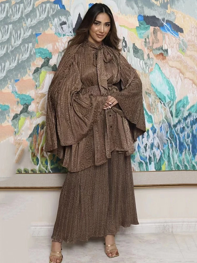 

2025 autumn women's retro geometric print bow collar cape style loose long shirt two-piece set+loose wide leg pants fashion set
