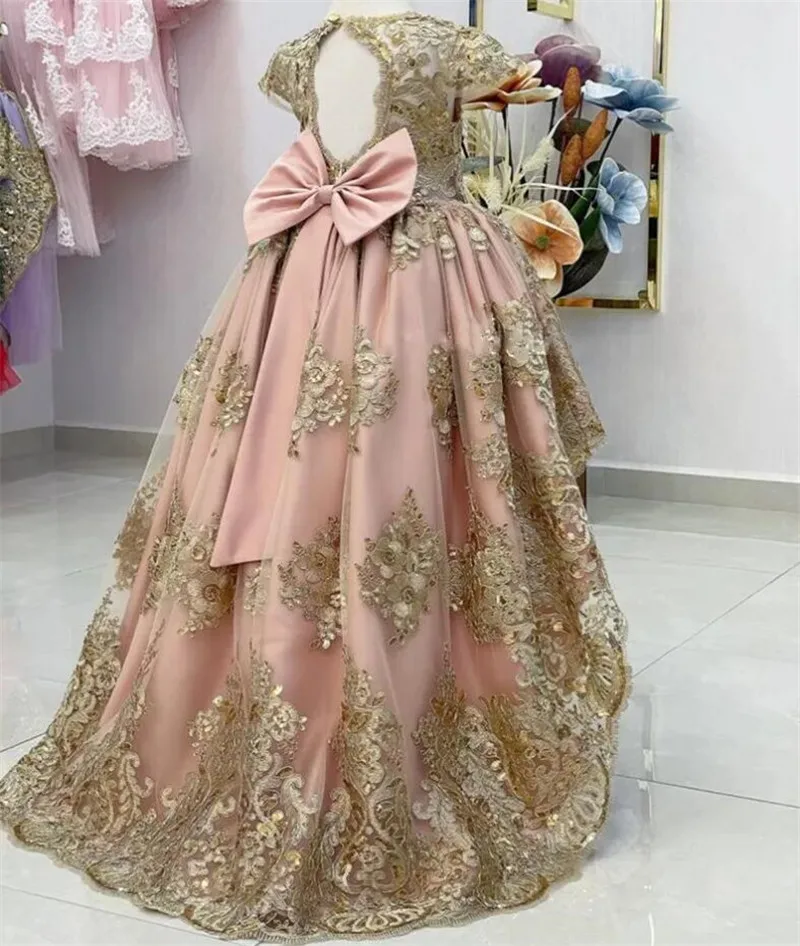 Handmade Baby Girl Dress Gold Lace Applique Pink Birthday Girl Dress Princess Flower Girl Dress Long Puffy Party Dress 12M 24M